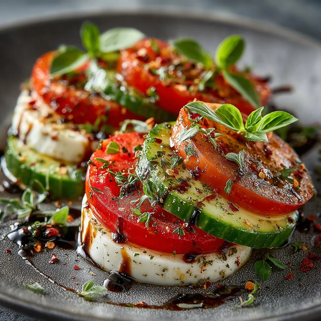 Easy Cucumber Caprese Salad with fresh basil, mozzarella, and tomatoes