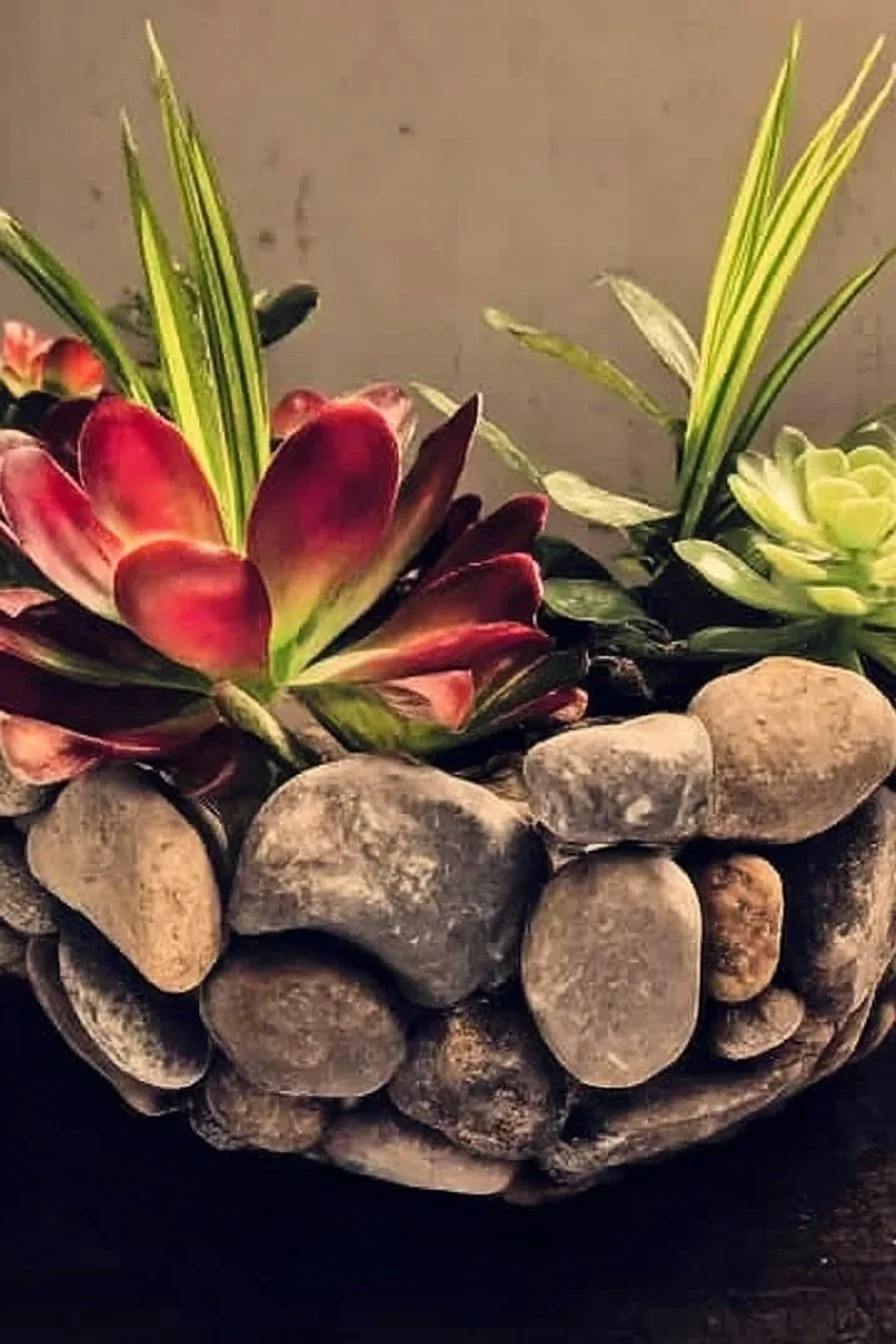 DIY pebble pot tutorial with decorative pebbles for plants