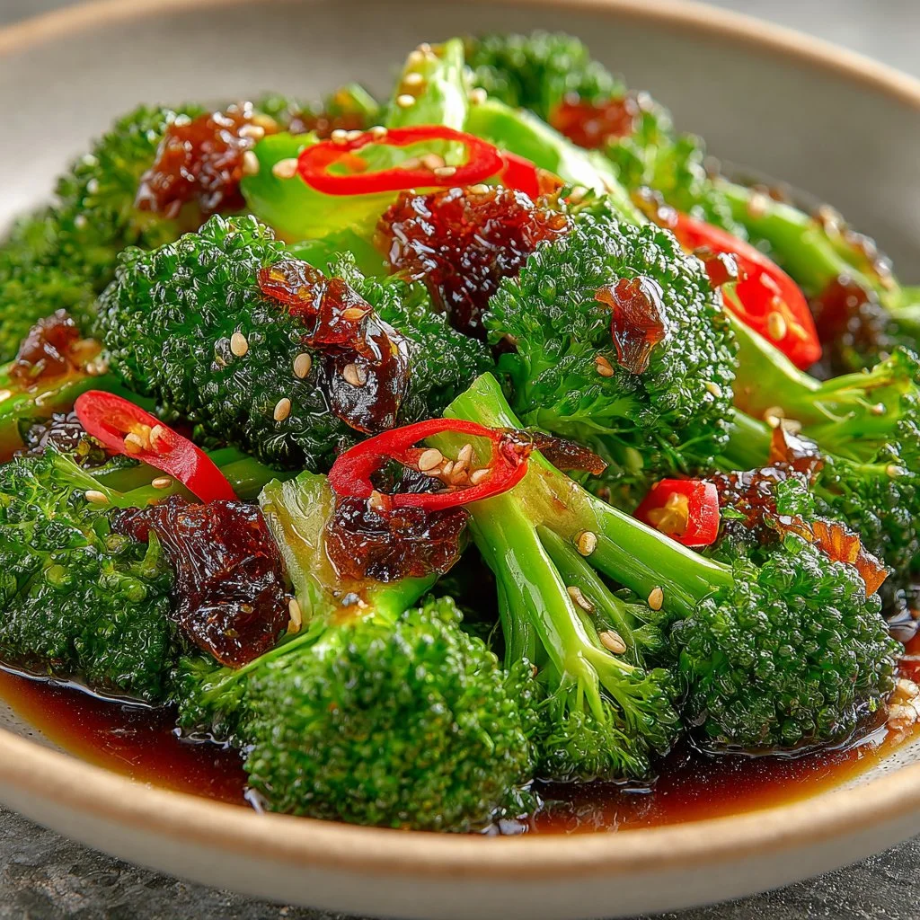 Easy gochujang broccoli dish topped with sesame seeds and served on a plate.