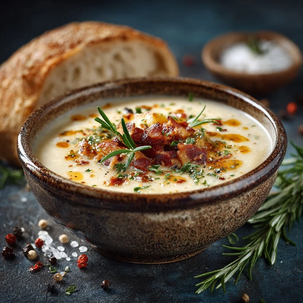 Bowl of easy homemade potato soup topped with fresh herbs