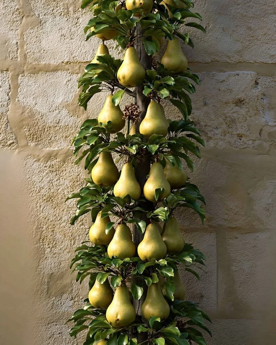 Espalier fruit trees growing on a fence in a small garden space
