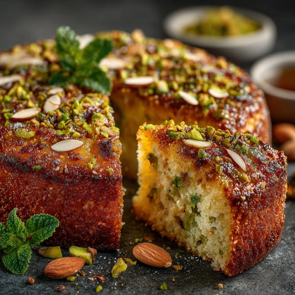 Flourless orange, pistachio, and almond cake on a decorative plate.