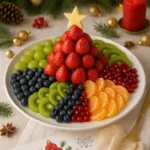 Colorful Christmas fruit platter, a festive centerpiece filled with seasonal fruits.