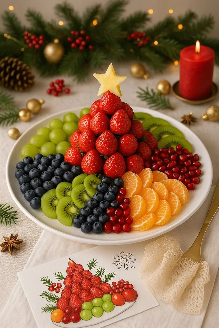 Colorful Christmas fruit platter, a festive centerpiece filled with seasonal fruits.
