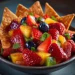 Fruit salsa served with cinnamon sugar tortilla chips on a colorful plate.