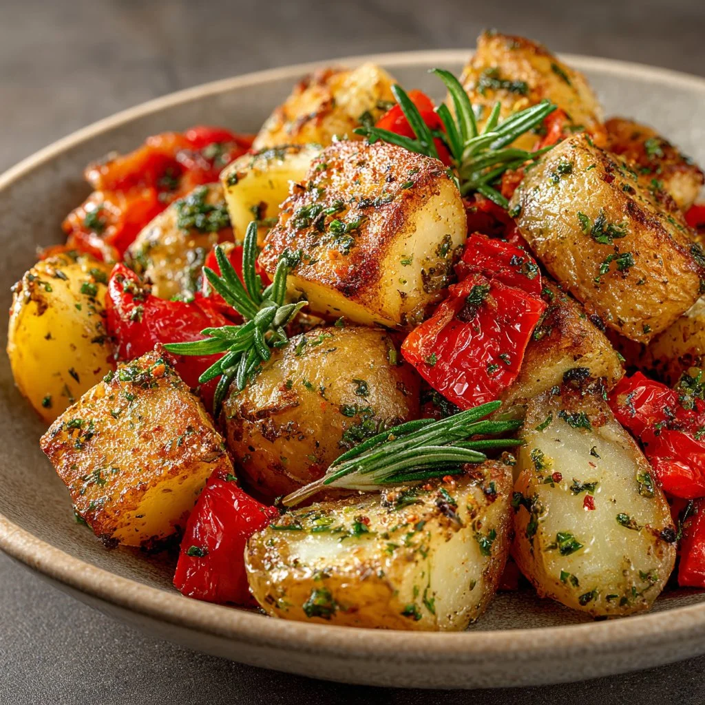 Garlic Herb Roasted Potatoes and Veggies served on a plate