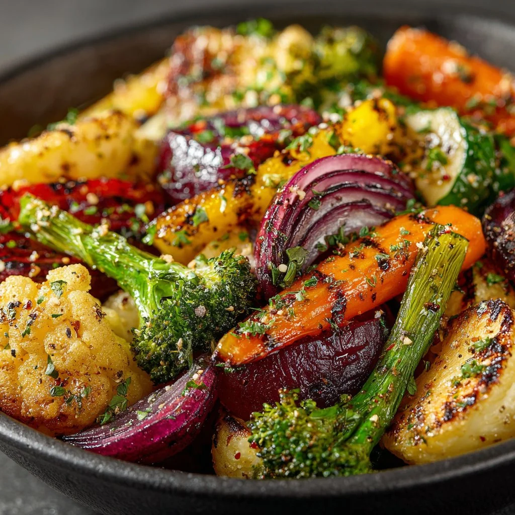 Plate of garlic herb roasted veggies with colorful carrots, bell peppers, and zucchini.