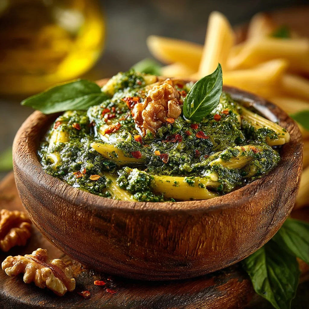 A bowl of Giada's classic pesto with fresh basil and Parmesan cheese