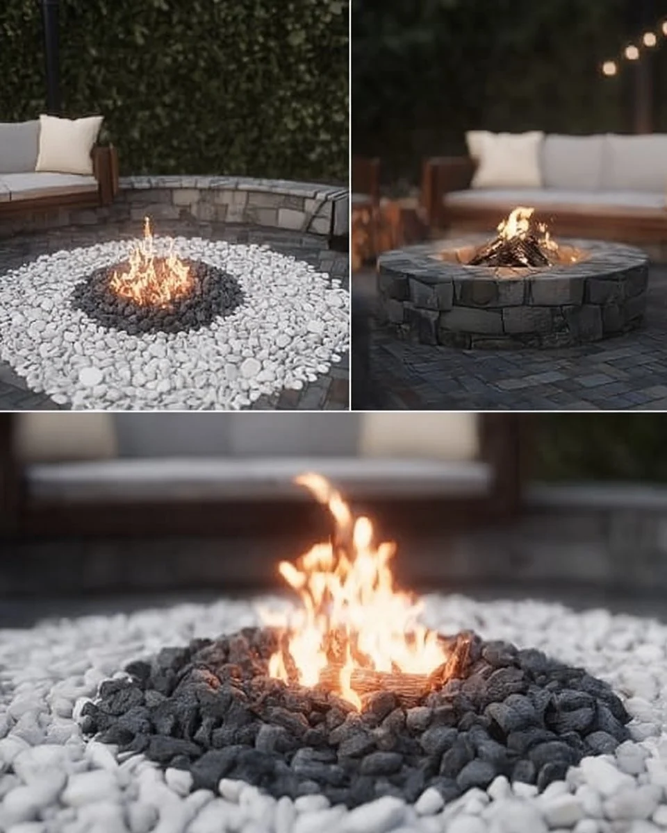 Cozy gravel fire pit surrounded by seating in a backyard gathering space.