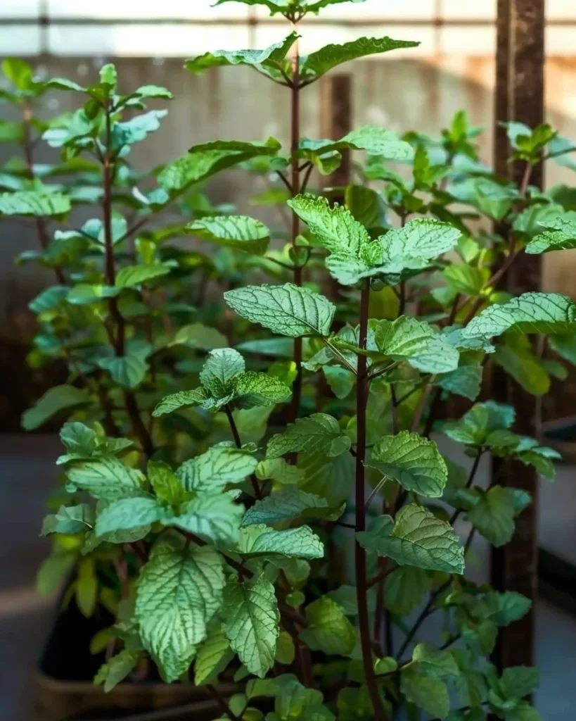 Freshly grown mint plants in a garden setting.