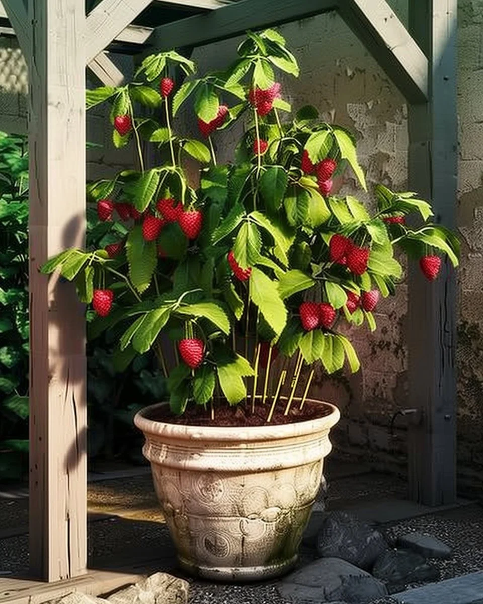 Pots and containers with healthy raspberry plants in a garden setting