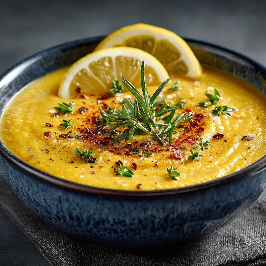 Bowl of healing golden lemon lentil soup with fresh herbs and lemon slices