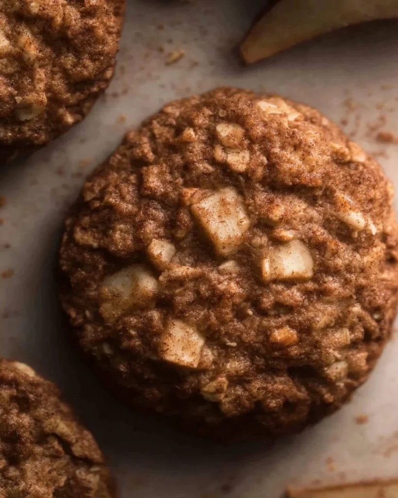 Healthy apple pie oatmeal breakfast cookies on a wooden table