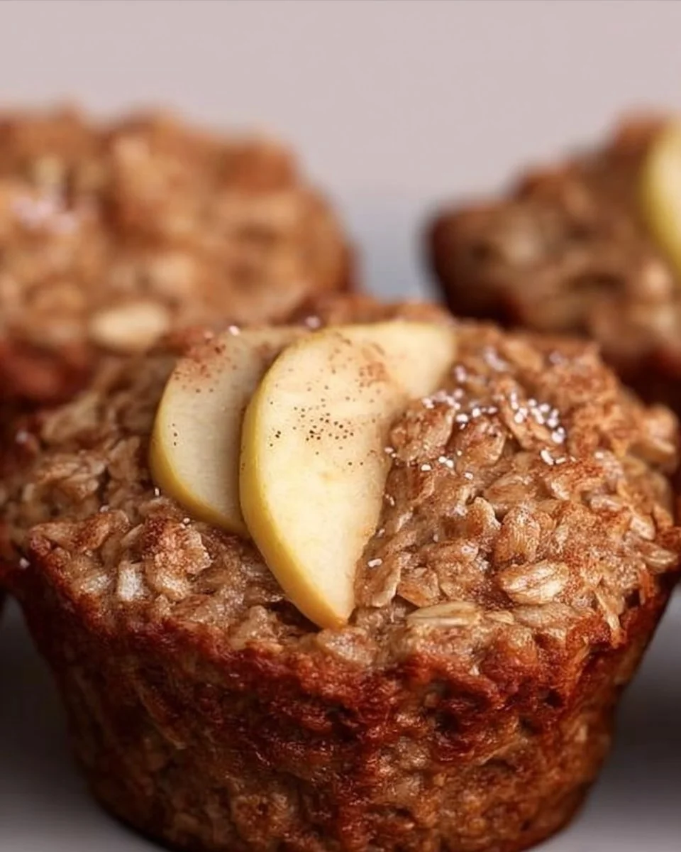 Delicious healthy baked apple cinnamon oatmeal cups on a wooden table