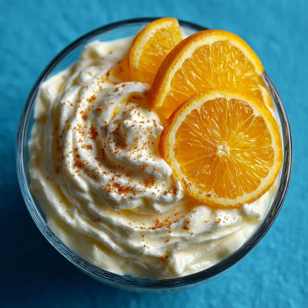 Healthy Greek Yogurt Orange Fluff dessert bowl topped with orange slices