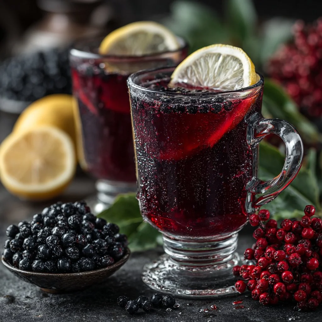 Homemade elderberry tea in a cup with fresh elderberries nearby.