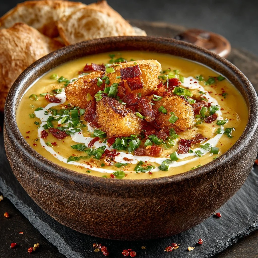 Bowl of homemade potato soup topped with fresh herbs and seasonings