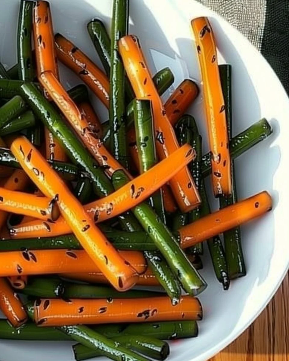 Delicious honey glazed carrots and green beans on a plate, garnished and ready to serve.