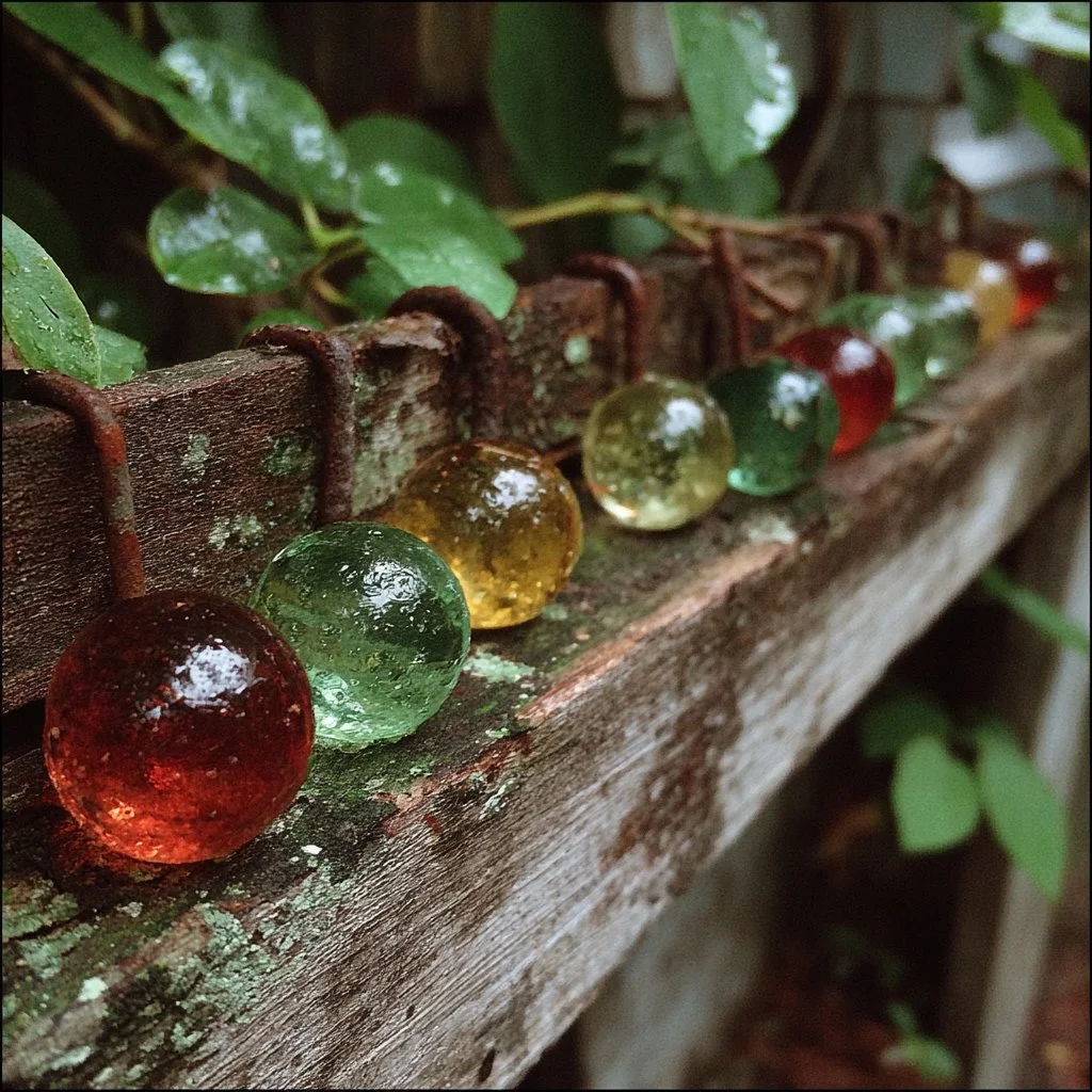 Colorful glass marbles added to a decorative garden fence.