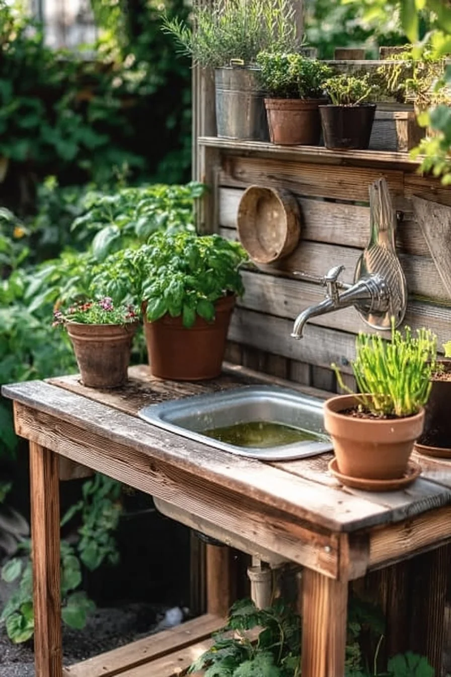DIY budget potting bench with sink for gardening enthusiasts