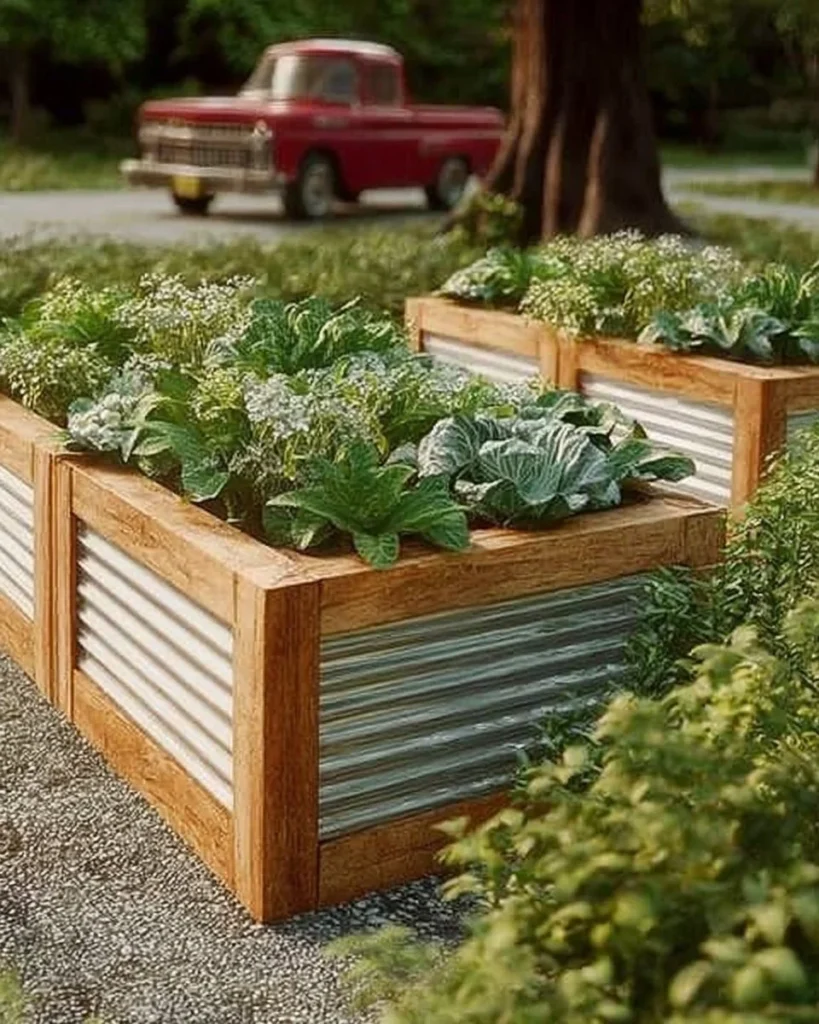 DIY raised garden bed construction with soil and plants