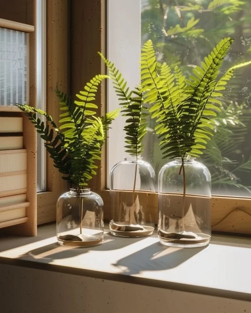 Person growing ferns in water with vibrant green leaves