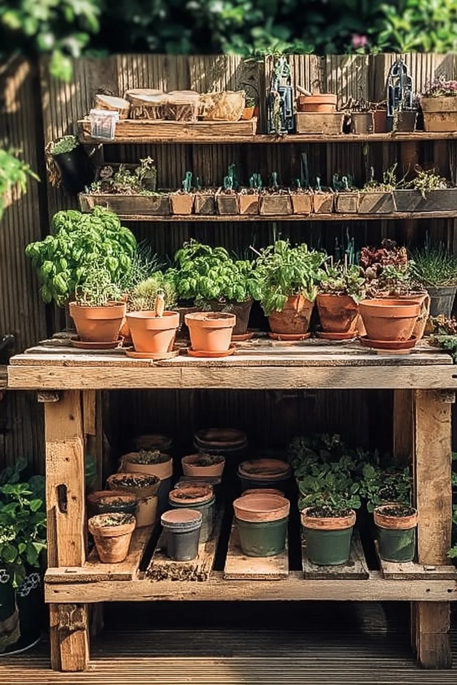DIY potting bench made from recycled pallets in a garden setting