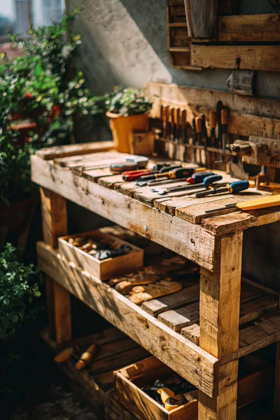 DIY potting bench made from pallets in a garden setting