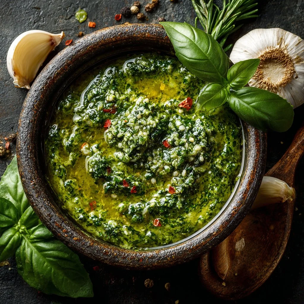 Bowl of Ina Garten's easy pesto sauce with fresh basil and pine nuts.