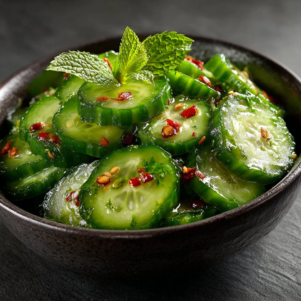 Juicy Cucumber and Mint Salad with sliced cucumbers and fresh mint leaves