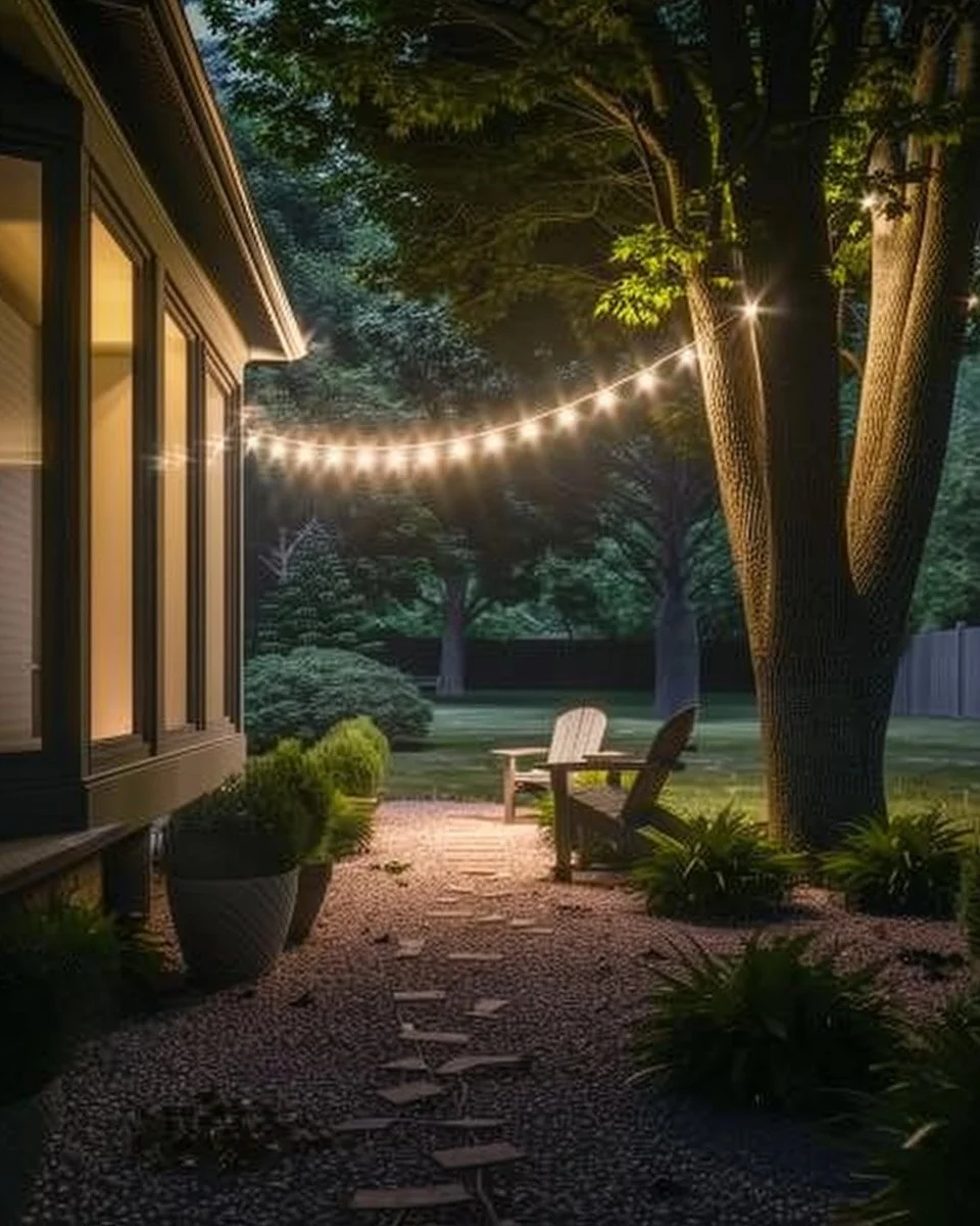 Colorful LED lights illuminating a home yard at night