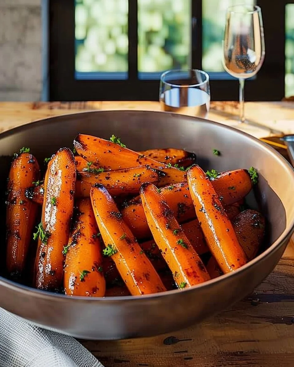 Plate of honey glazed carrots garnished with herbs