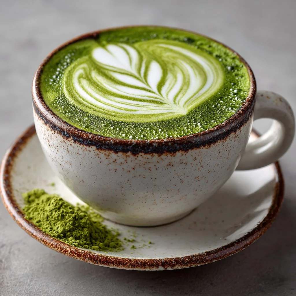 Delicious Matcha Green Tea Latte topped with frothy milk and a sprinkle of matcha powder.