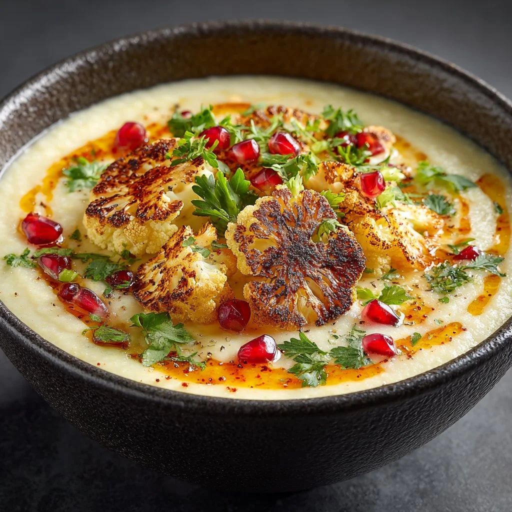 Bowl of Mediterranean cauliflower soup with herbs and spices