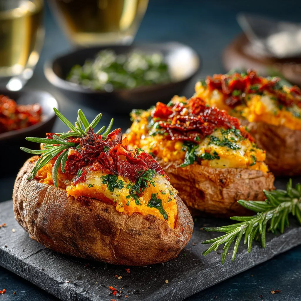 Mediterranean stuffed sweet potatoes filled with herbs and spices