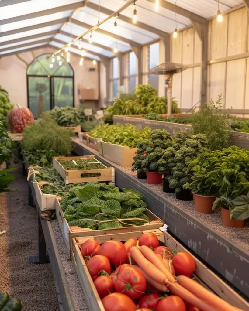 Indoor winter greenhouse filled with vibrant plants for seasonal gardening.