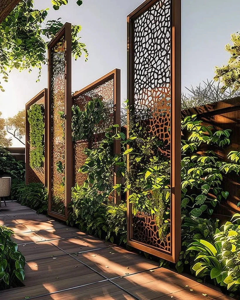 Modern garden screens featuring stylish perforated metal panels for outdoor privacy.