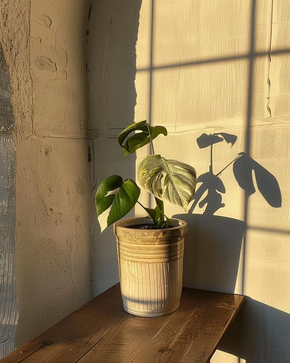Monstera variegata with striking variegated leaves in a cozy indoor setting