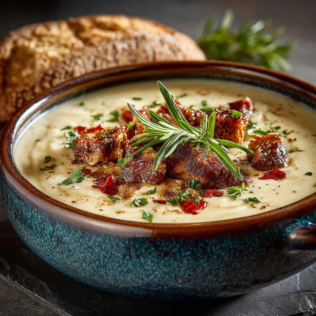 Bowl of Outback Potato Soup with toppings, perfect for comfort food lovers.