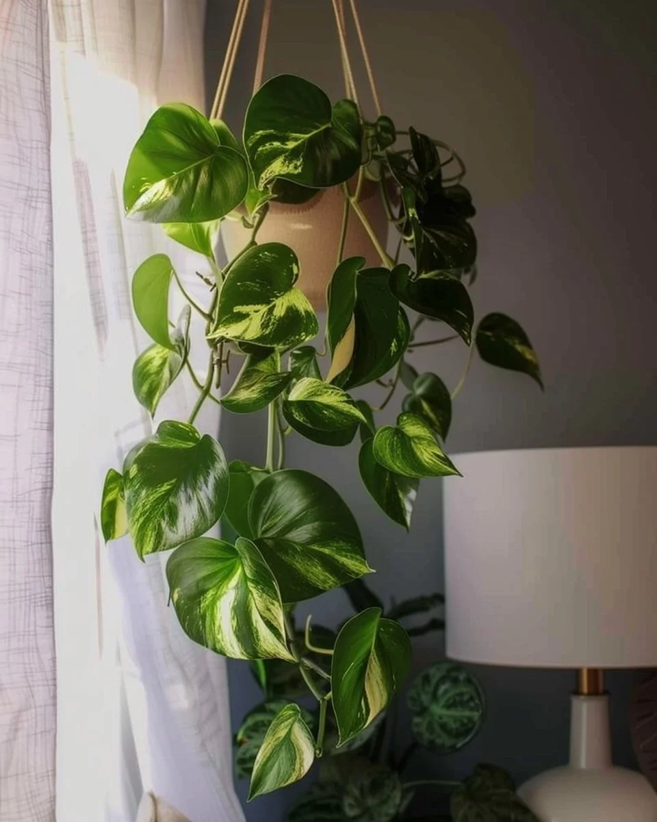 Lush green pothos plant in a bright indoor environment showcasing healthy vine growth.