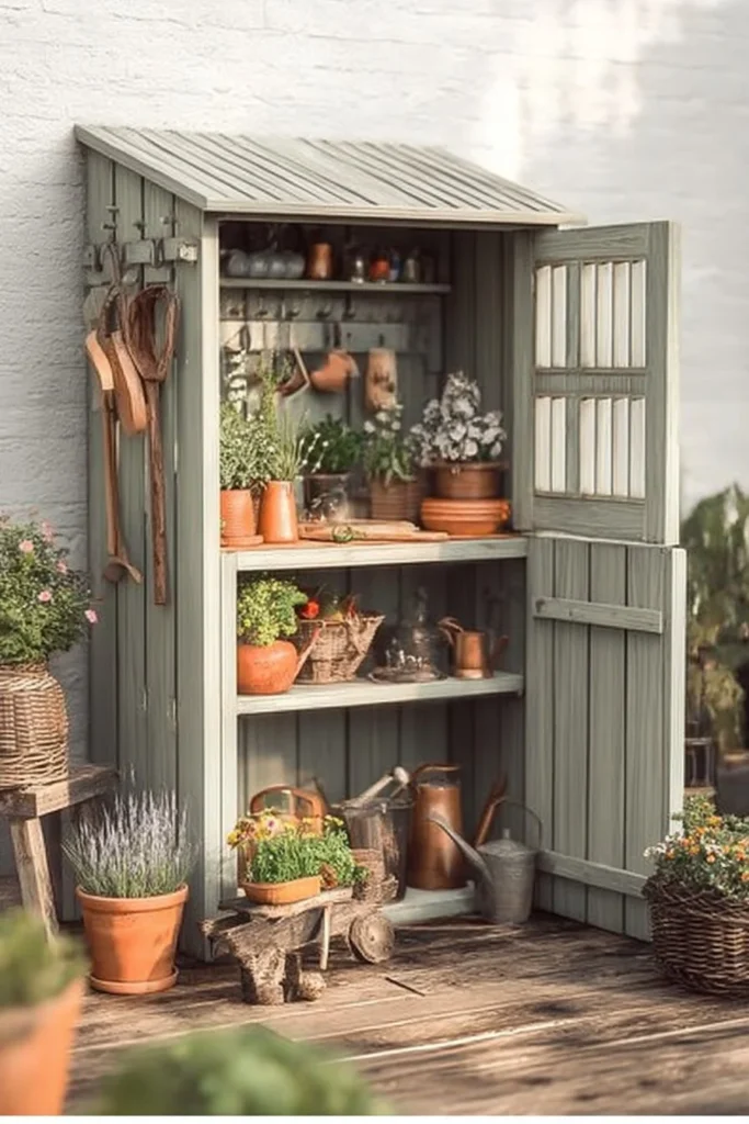 Stylish potting shed in a garden for gardening and plant care.