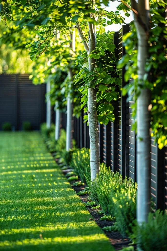 Tropical privacy trees planted along a fence for enhanced privacy and aesthetics