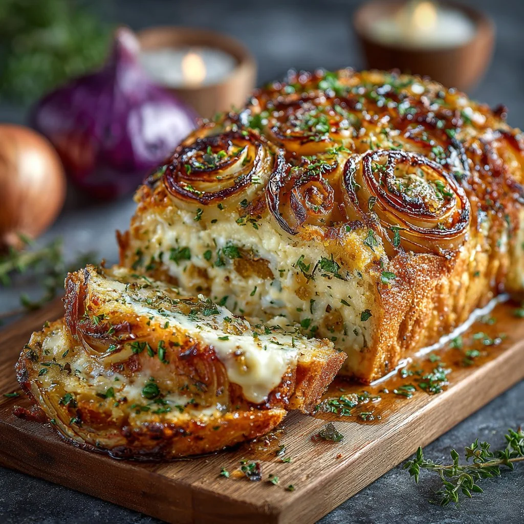 A Giant Onion Loaf served on a rustic wooden table with fresh herbs.