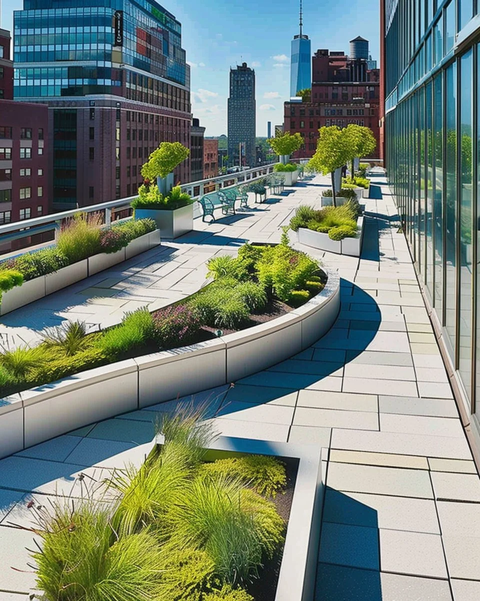 Green roofs on skyscrapers showcasing urban architectural innovation and sustainability.