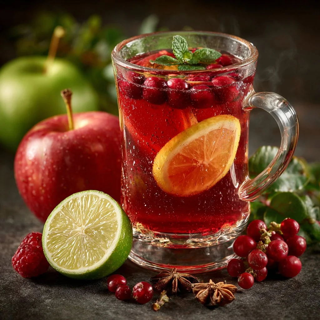 Homemade tea with rose, citrus, berry, and apple ingredients