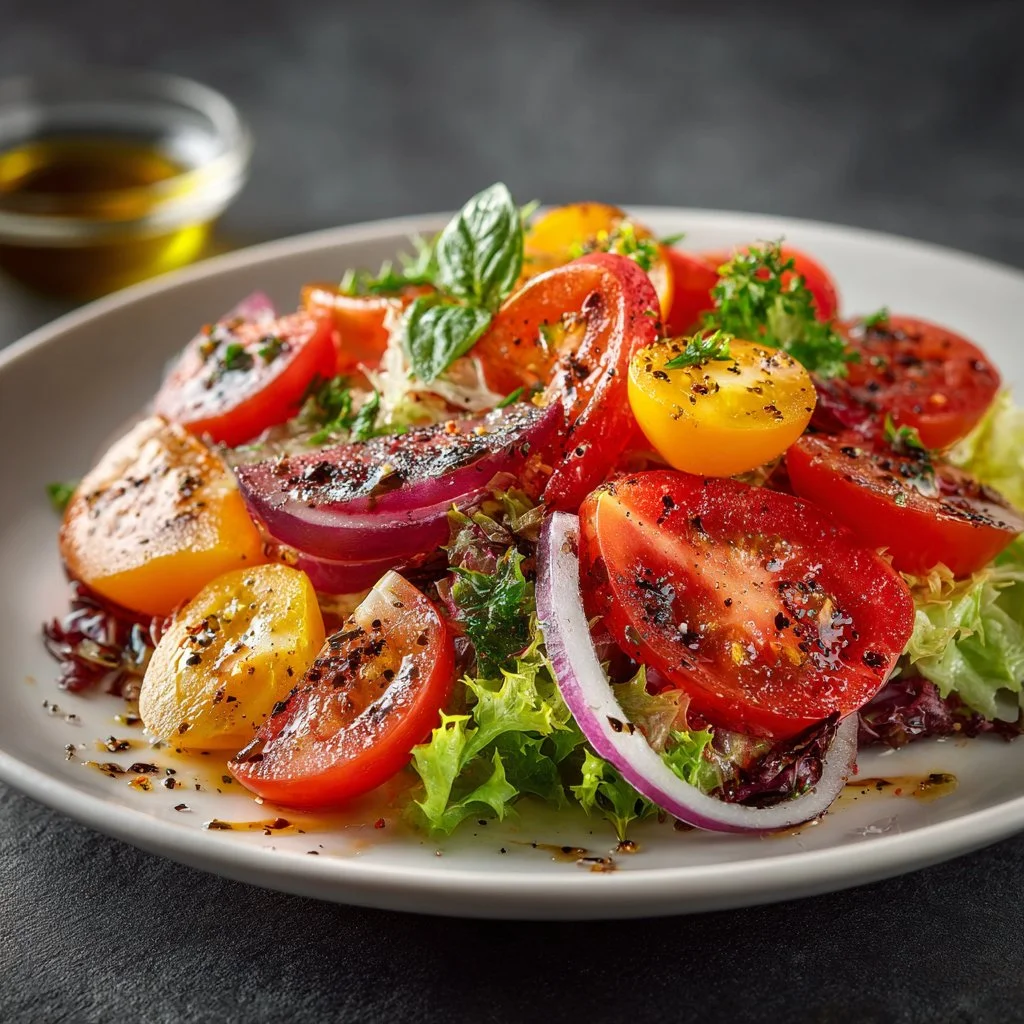 Bowl of simple Italian salad with fresh vegetables and dressing