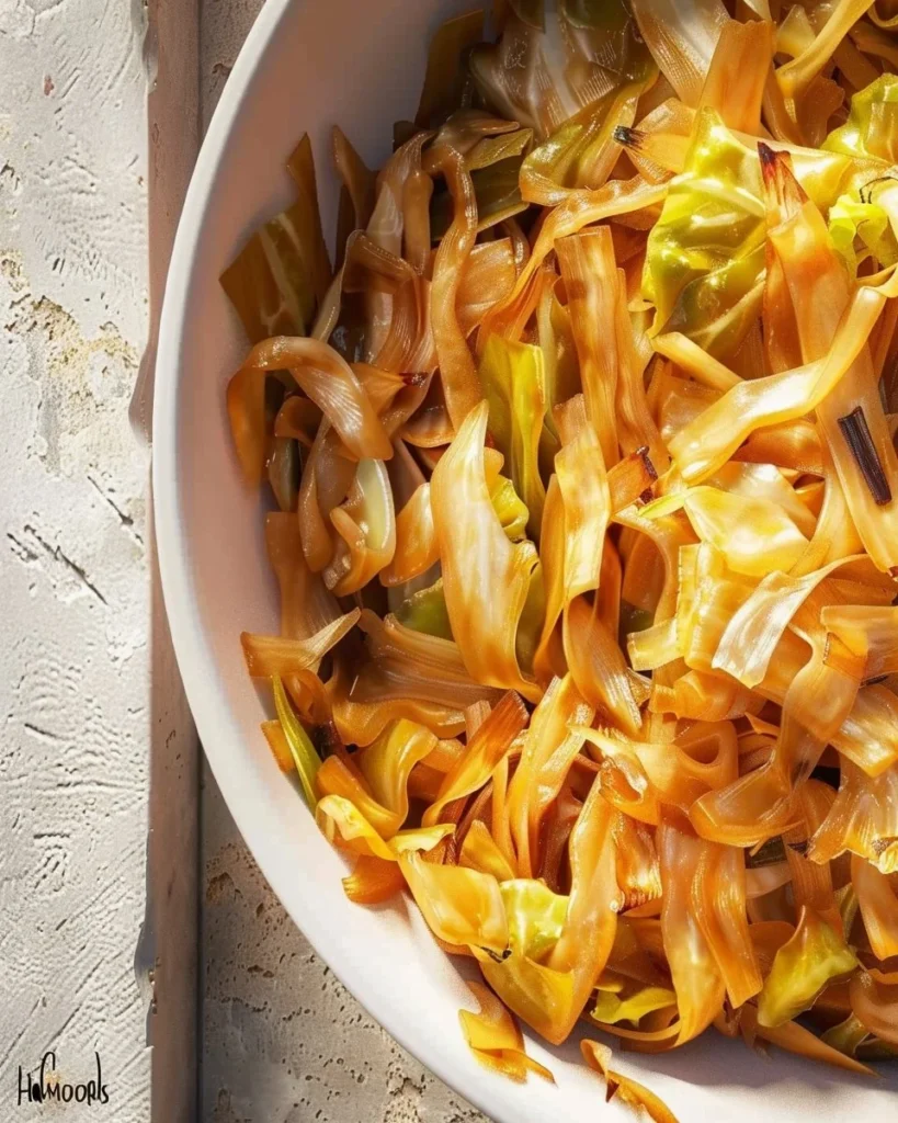 Plate of simple sautéed cabbage garnished and ready to serve.