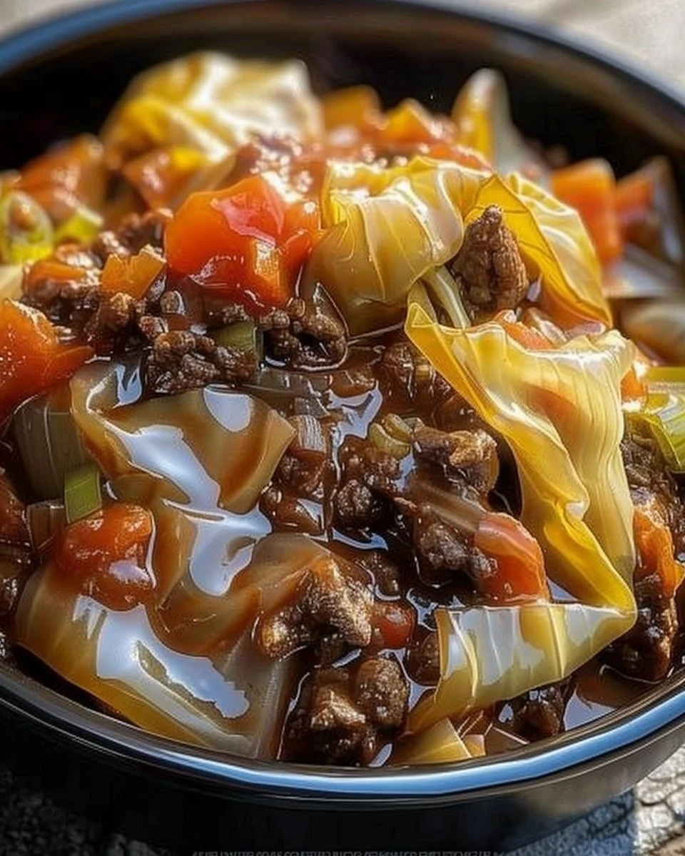 Bowl of slow cooker unstuffed cabbage rolls garnished with herbs