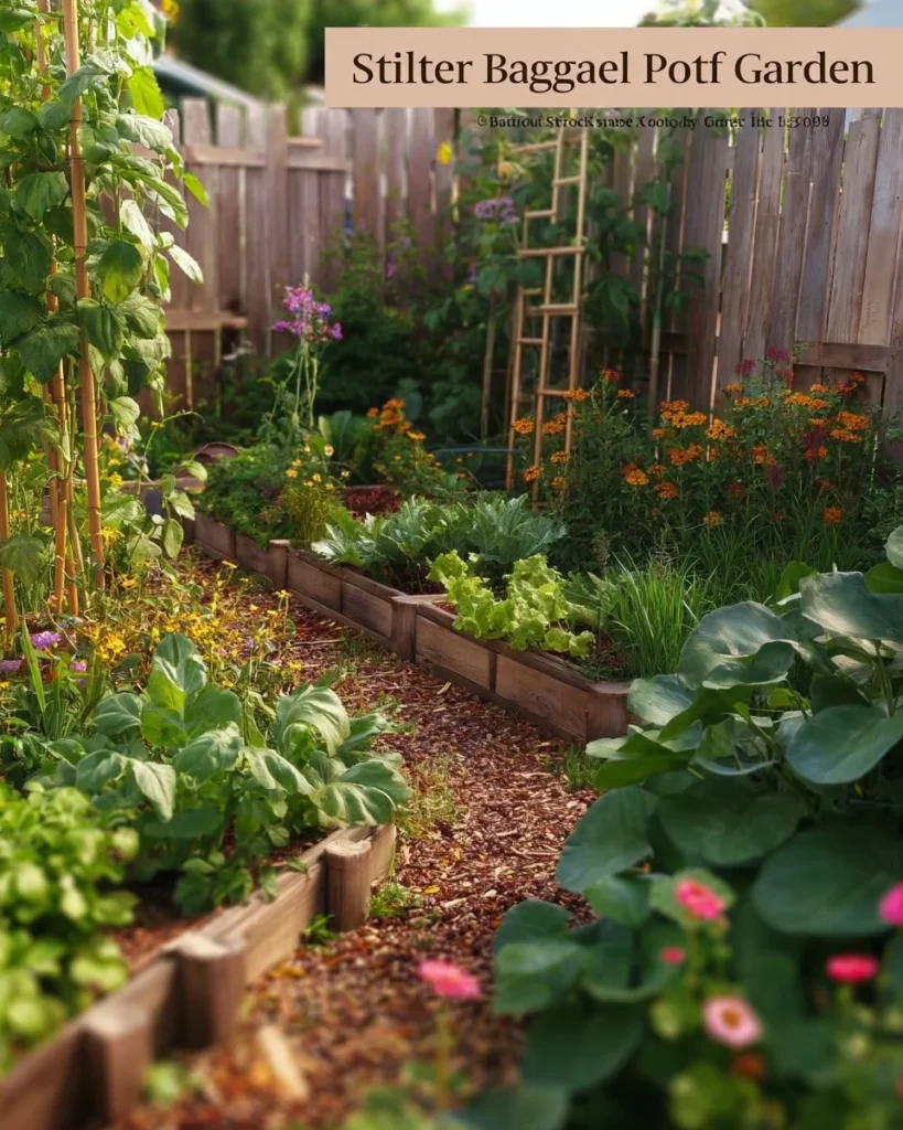 Small backyard potager garden featuring herbs and vegetables.