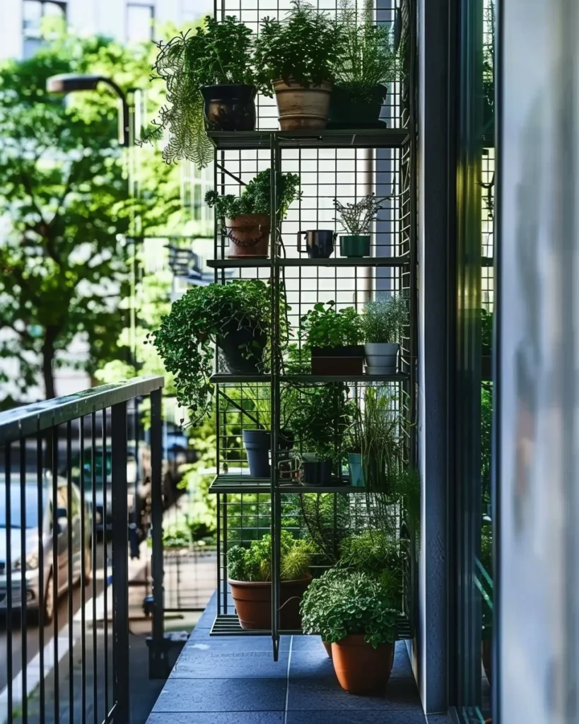 Small balcony garden design showcasing minimalistic urban oasis with plants and decor.